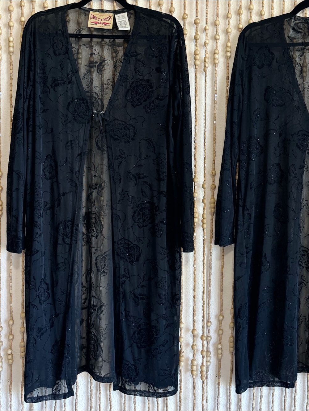 Vintage 90s Romantic Whimsy Goth Rose Floral Sheer Black Long Sleeve Open Front
